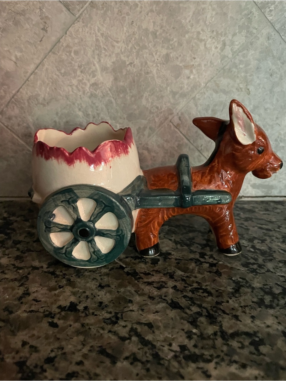 Donkey Cart Ceramic Planter in Brown, Teal & Pink